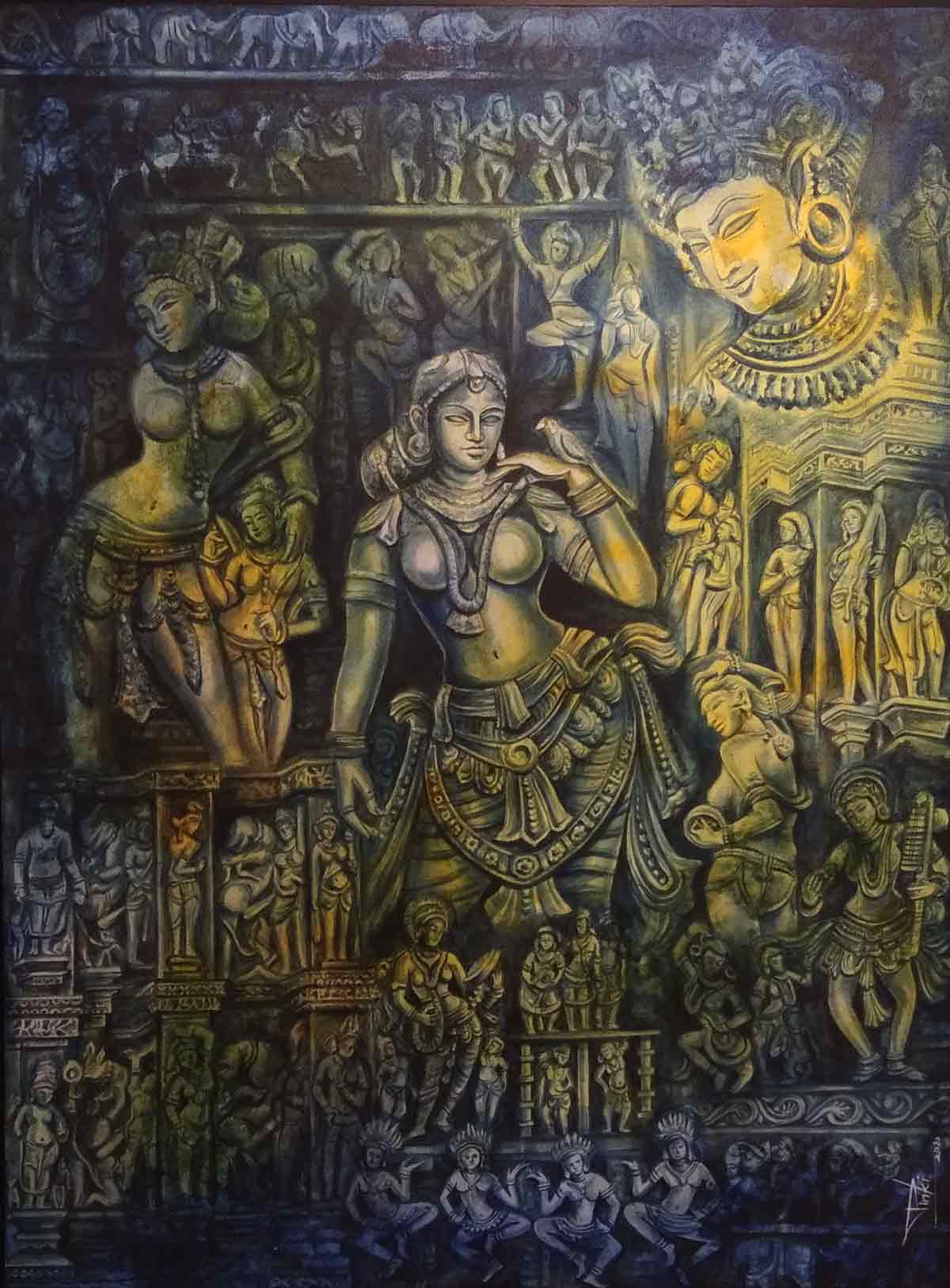 Figurative Painting with Acrylic on Canvas "Swarnim Bharat 2" art by Pinki Saini