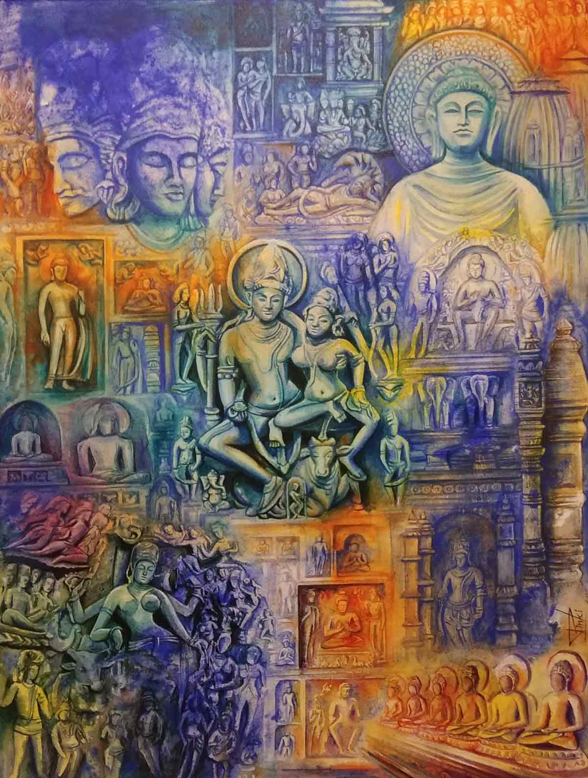 Figurative Painting with Acrylic on Canvas "Swarnim Bharat 1" art by Pinki Saini