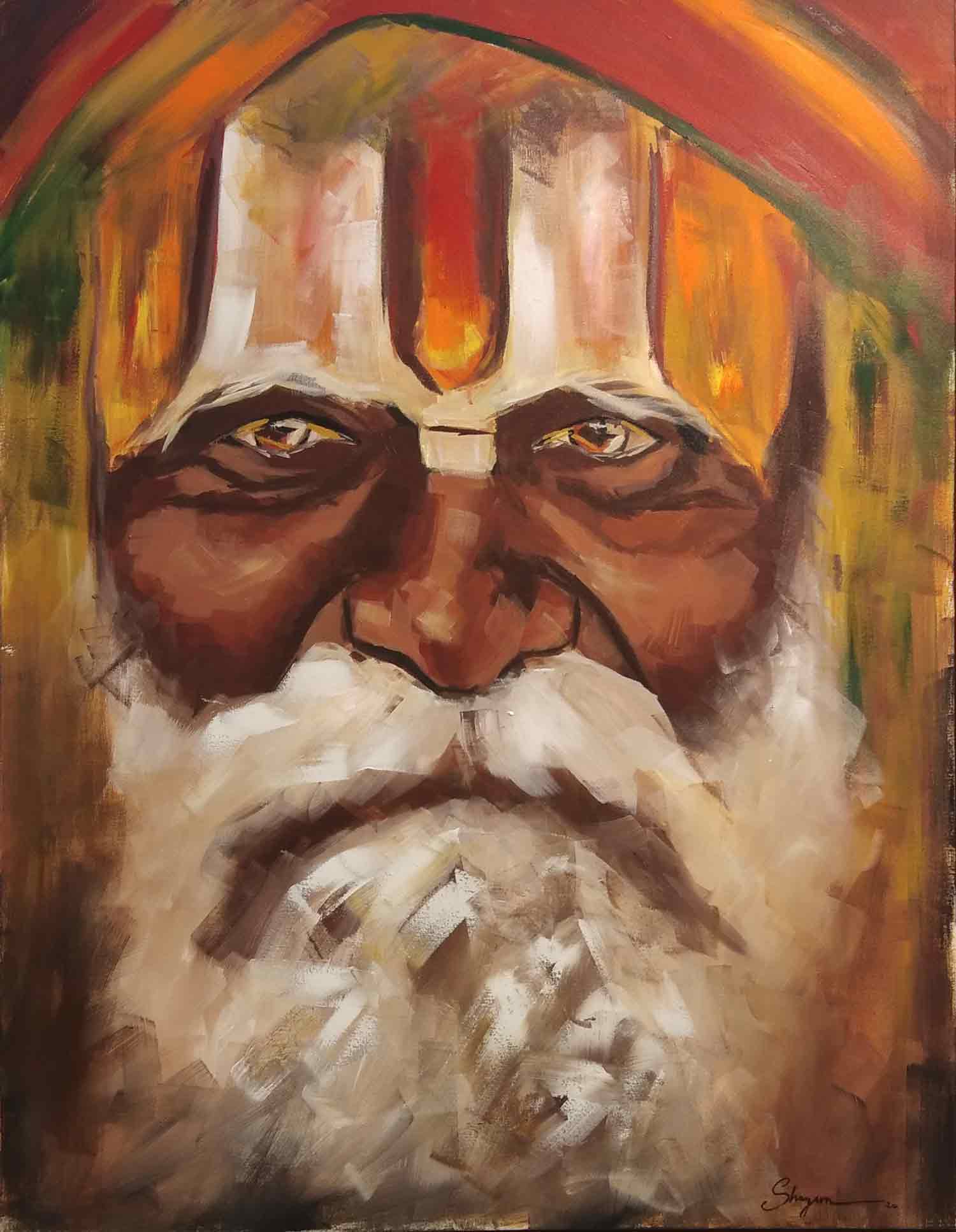 Portraiture Painting with Acrylic on Canvas "Sadhu-1" art by Shagun Bhatia