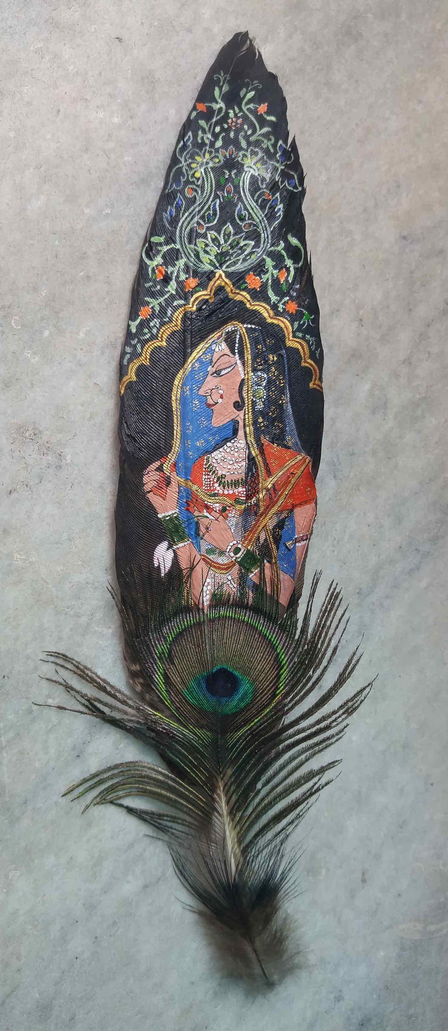 Figurative Painting with Mixed Media on Feather "Bani Thani" art by Aditi Agarwal
