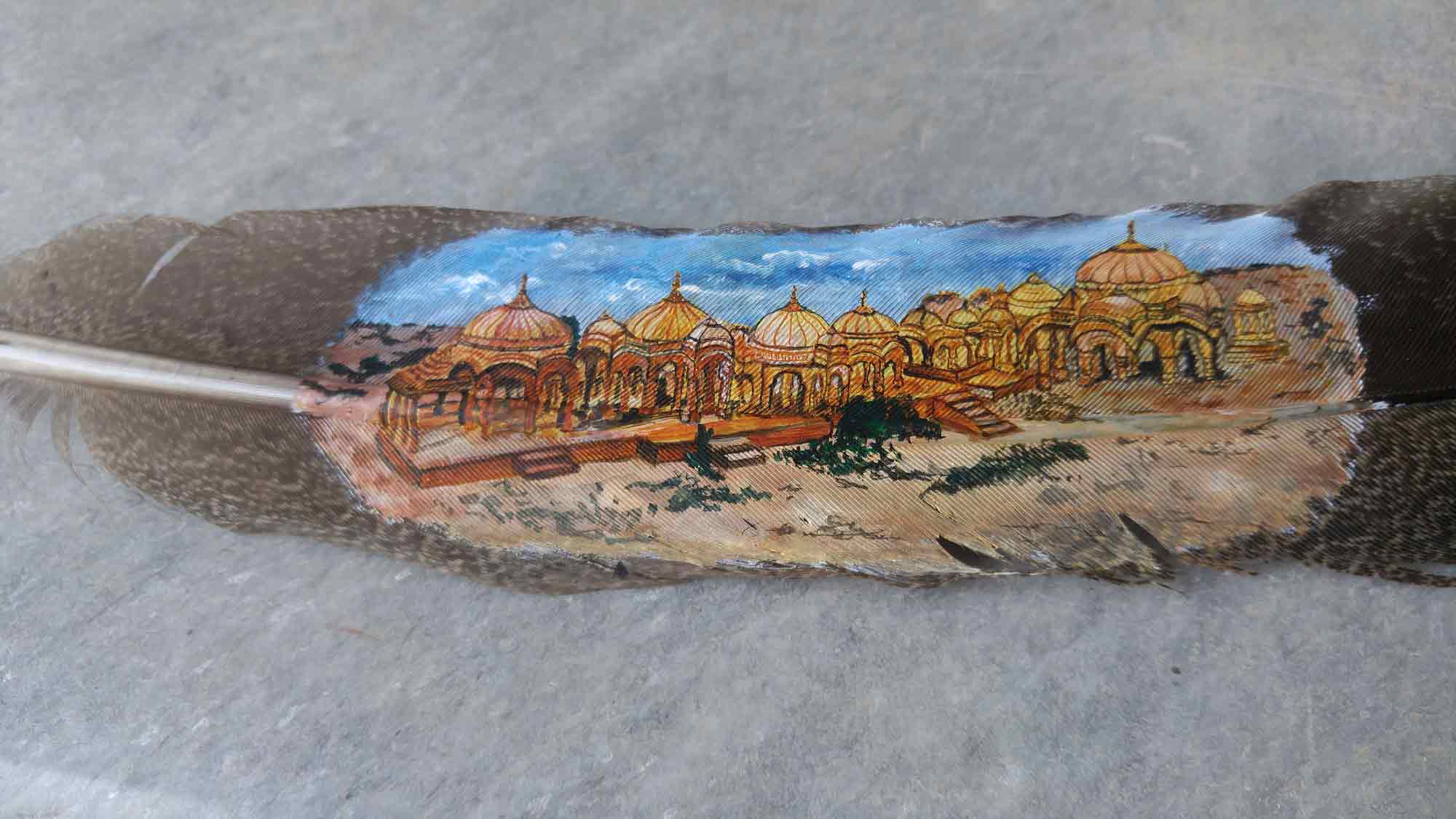 Realism Painting with Mixed Media on Feather "Bada Bagh Jaisalmer" art by Aditi Agarwal