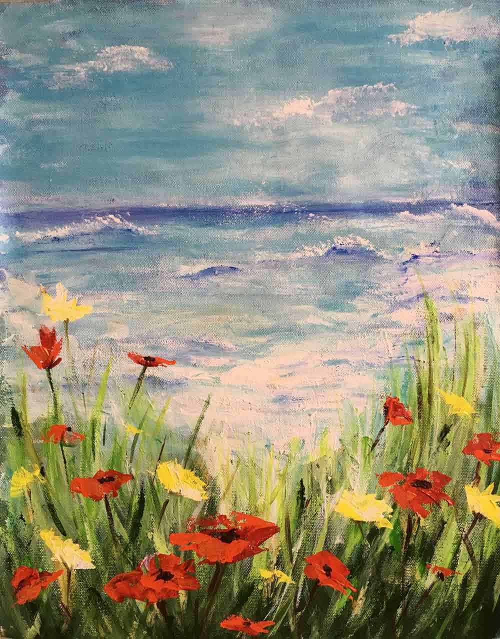Semi Realistic Painting with Acrylic on Canvas "Poppies by the sea " art by Anjali Mittal