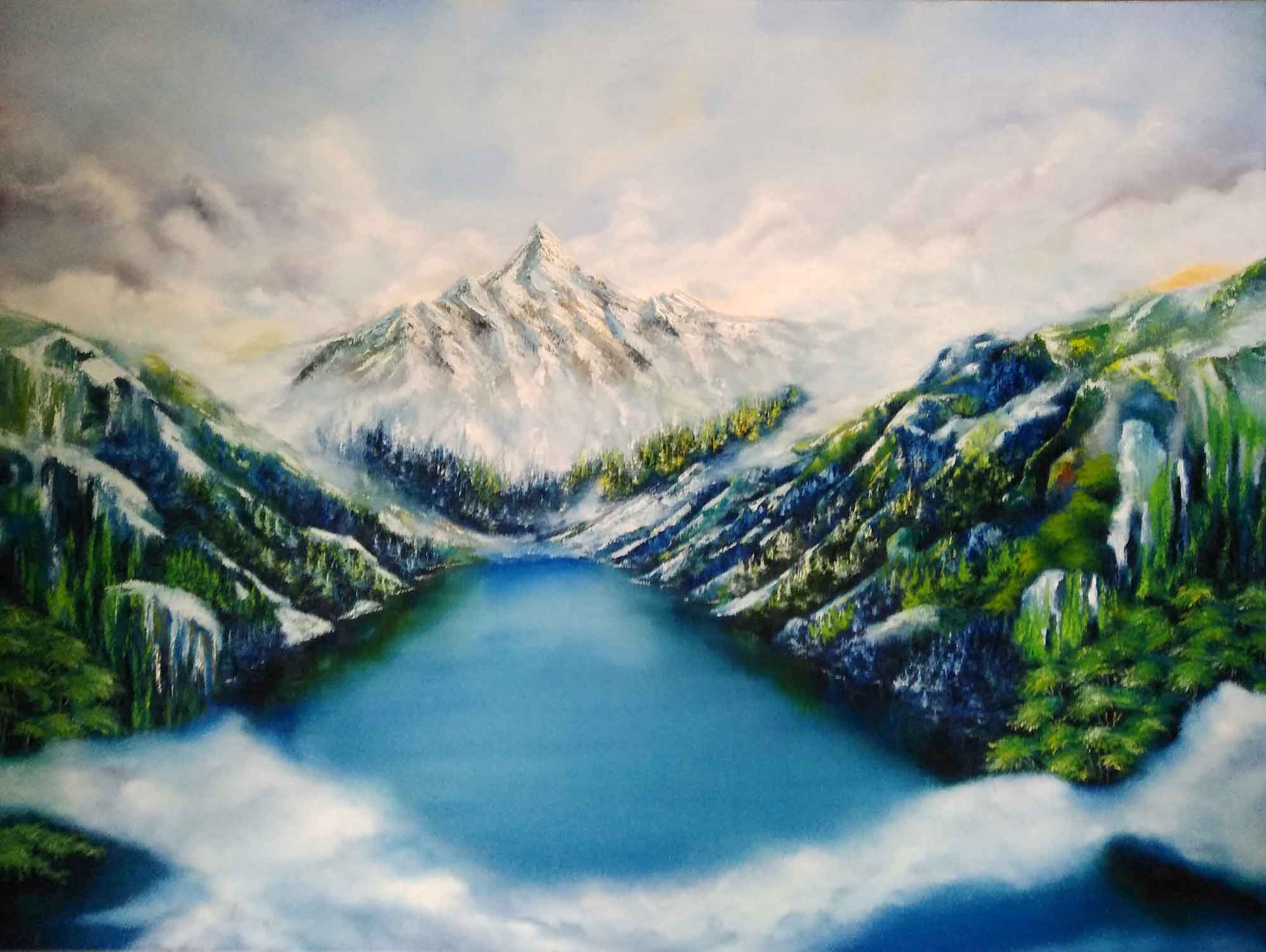 Realism Painting with Oil on Canvas "Mountains of Himalayan" art by Monika Vishwakarma