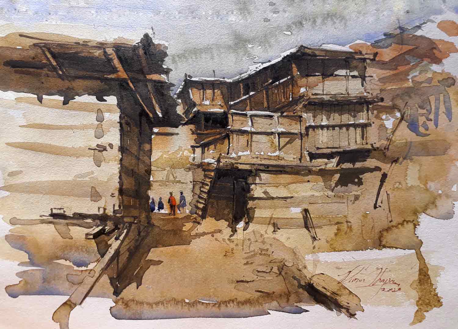 Semi Realistic Painting with Watercolor on Paper "Himachal House - 1" art by Puran Thapa