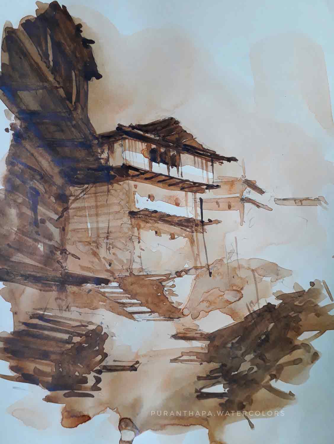 Semi Realistic Painting with Watercolor on Paper "Himachal House - 5" art by Puran Thapa