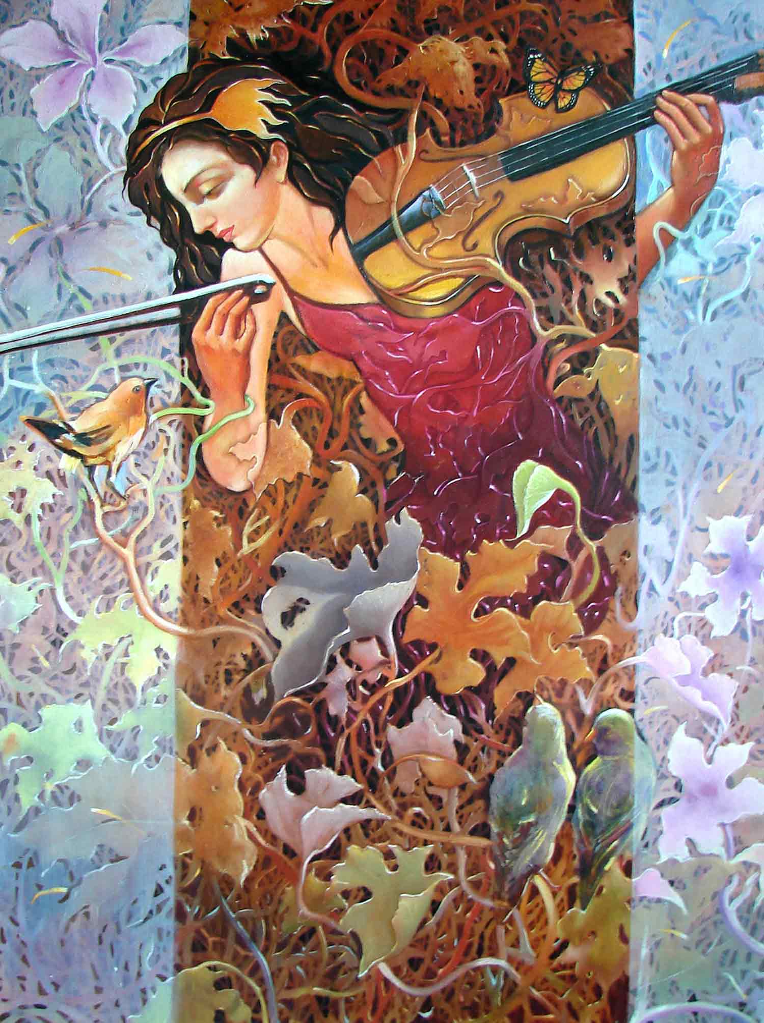 Figurative Painting with Oil on Canvas "Music for Leaves" art by Gautam Partho Roy