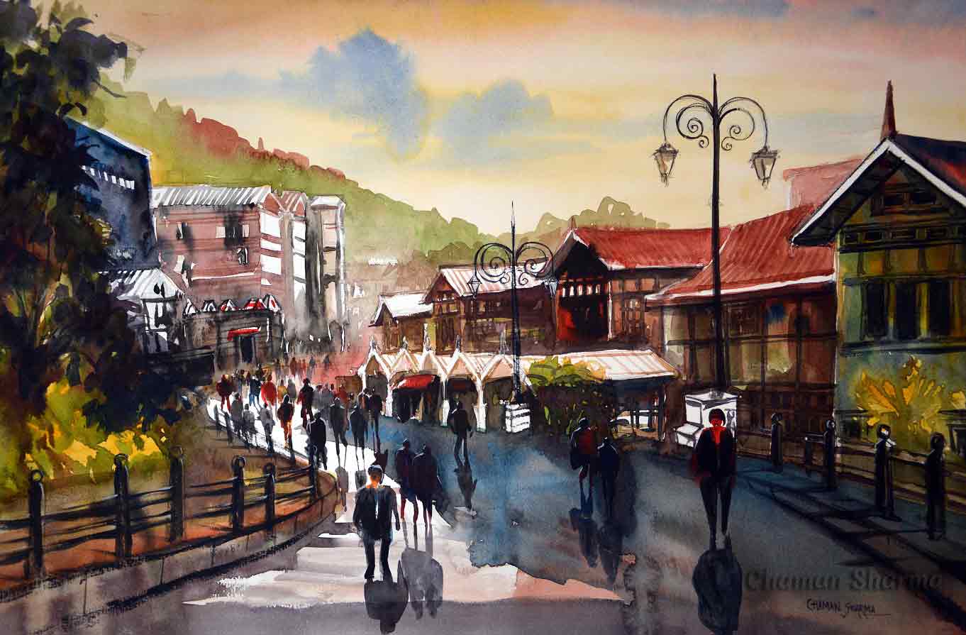 Semi Realistic Painting with Watercolor on Paper "The Clarks Hotel, The Mall Shimla" art by Chaman Sharma