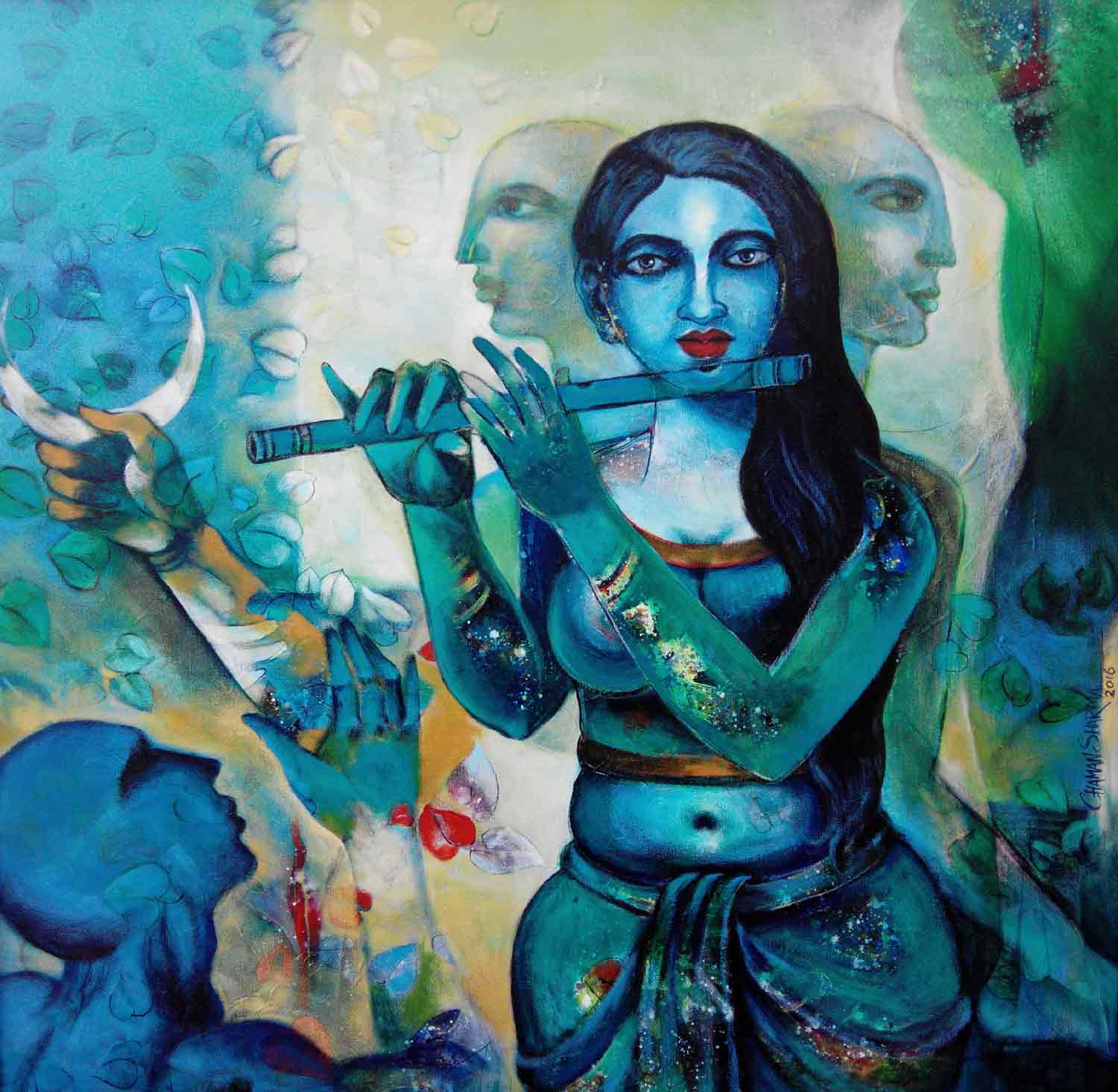 Conceptual Painting with Acrylic on Canvas "Song of Happiness" art by Chaman Sharma