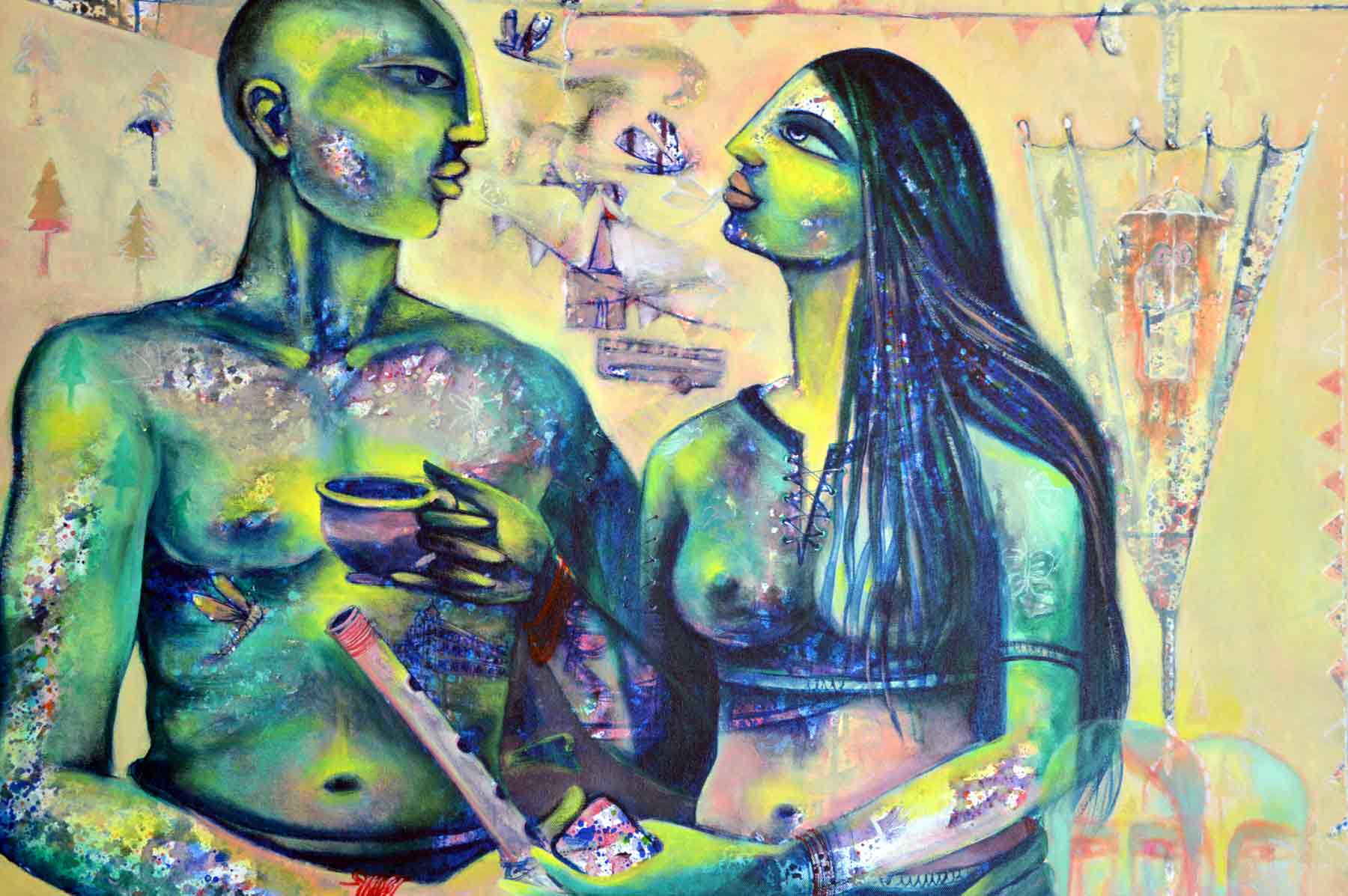 Conceptual Painting with Acrylic on Canvas "Tea of Love" art by Chaman Sharma