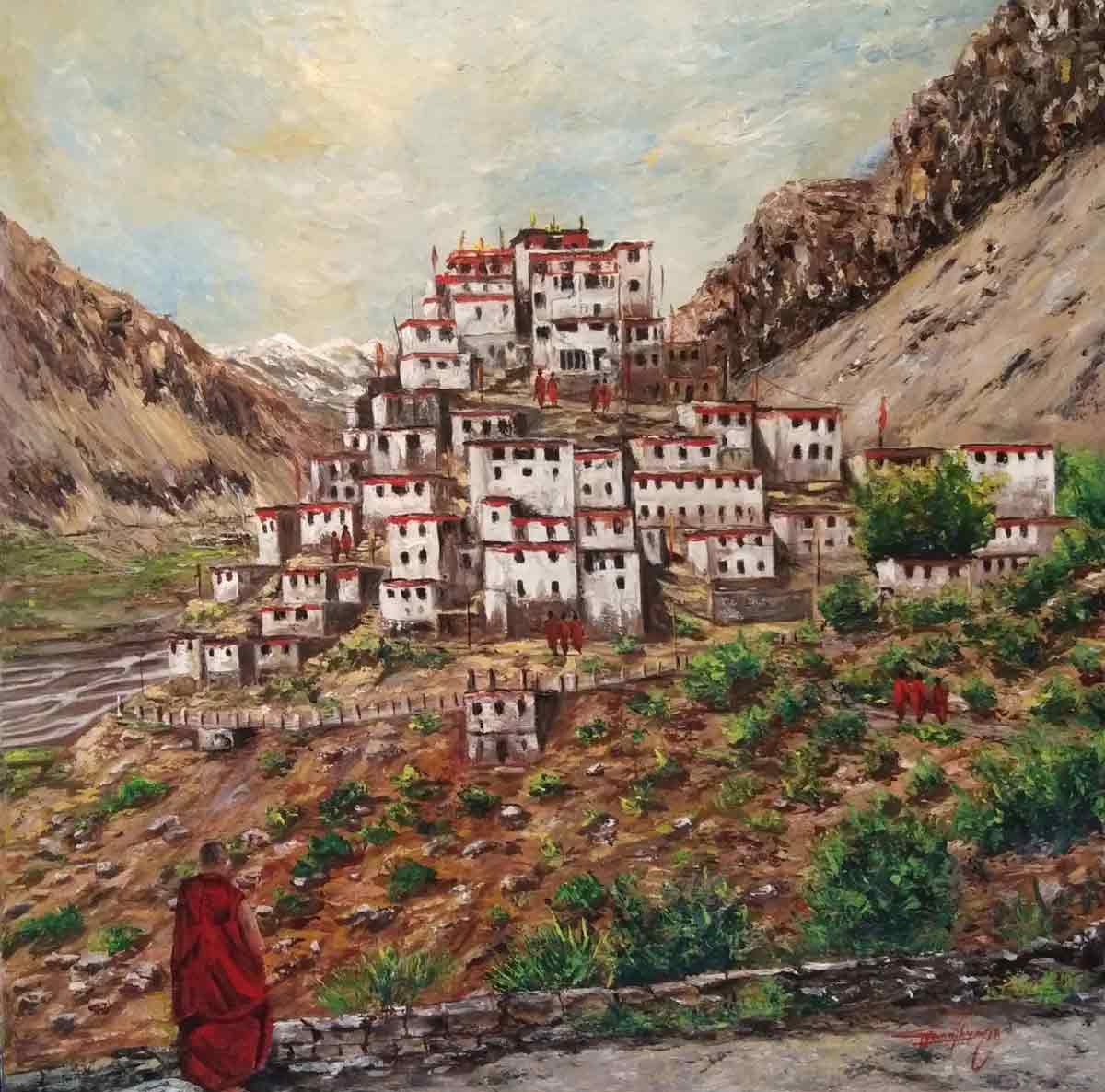 Realism Painting with Acrylic on Canvas "Key Gompa - Himachal Pradesh" art by Ghanshyam Kashyap
