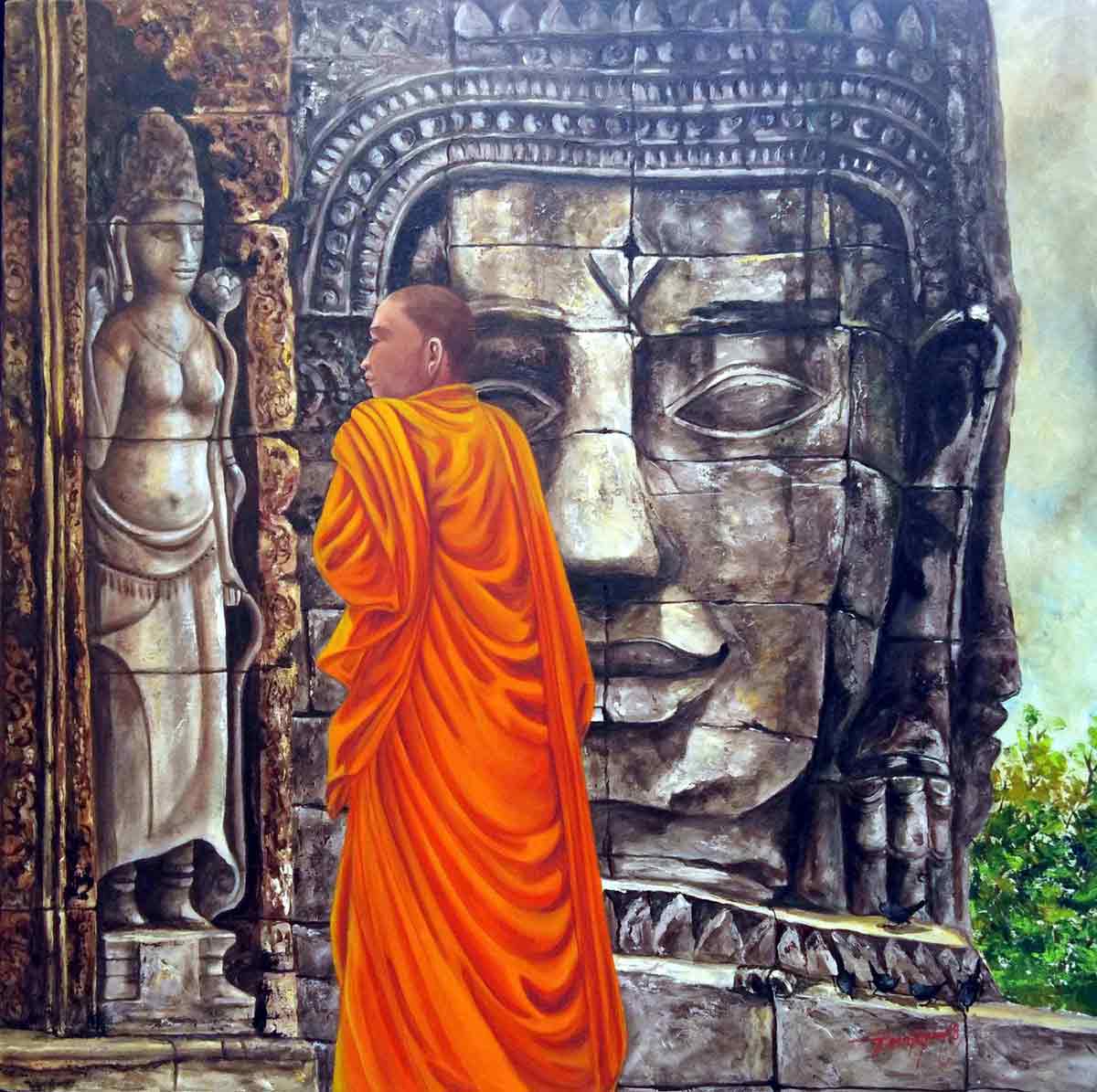 Realism Painting with Acrylic on Canvas "Angkor Wat - 3" art by Ghanshyam Kashyap