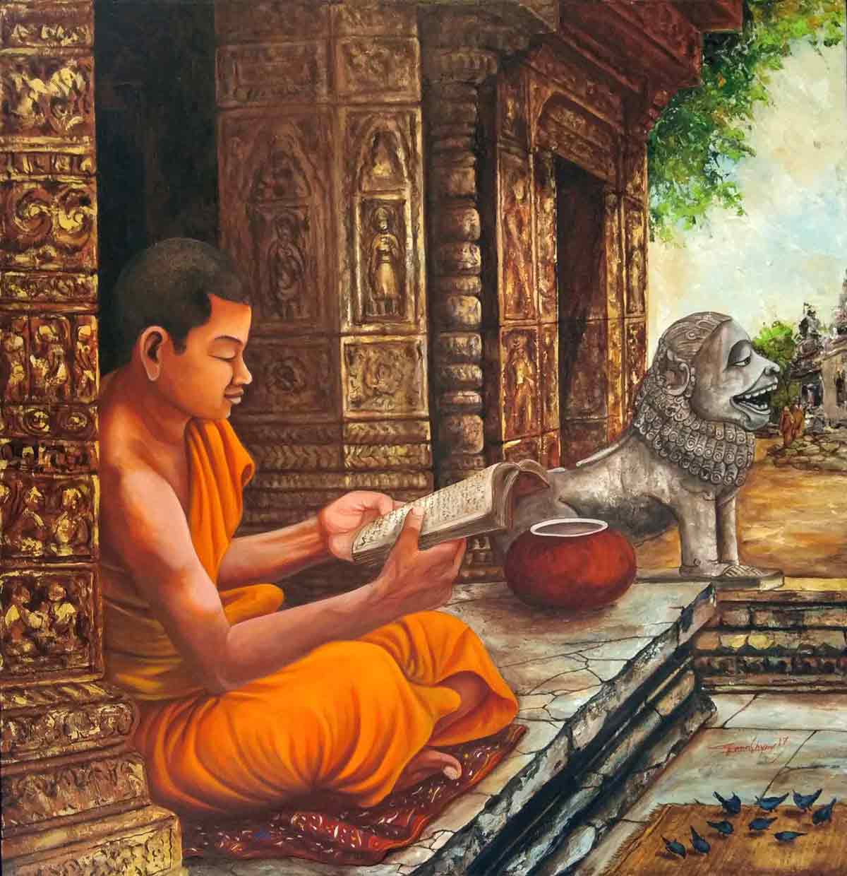 Realism Painting with Acrylic on Canvas "Angkor Wat - 5" art by Ghanshyam Kashyap