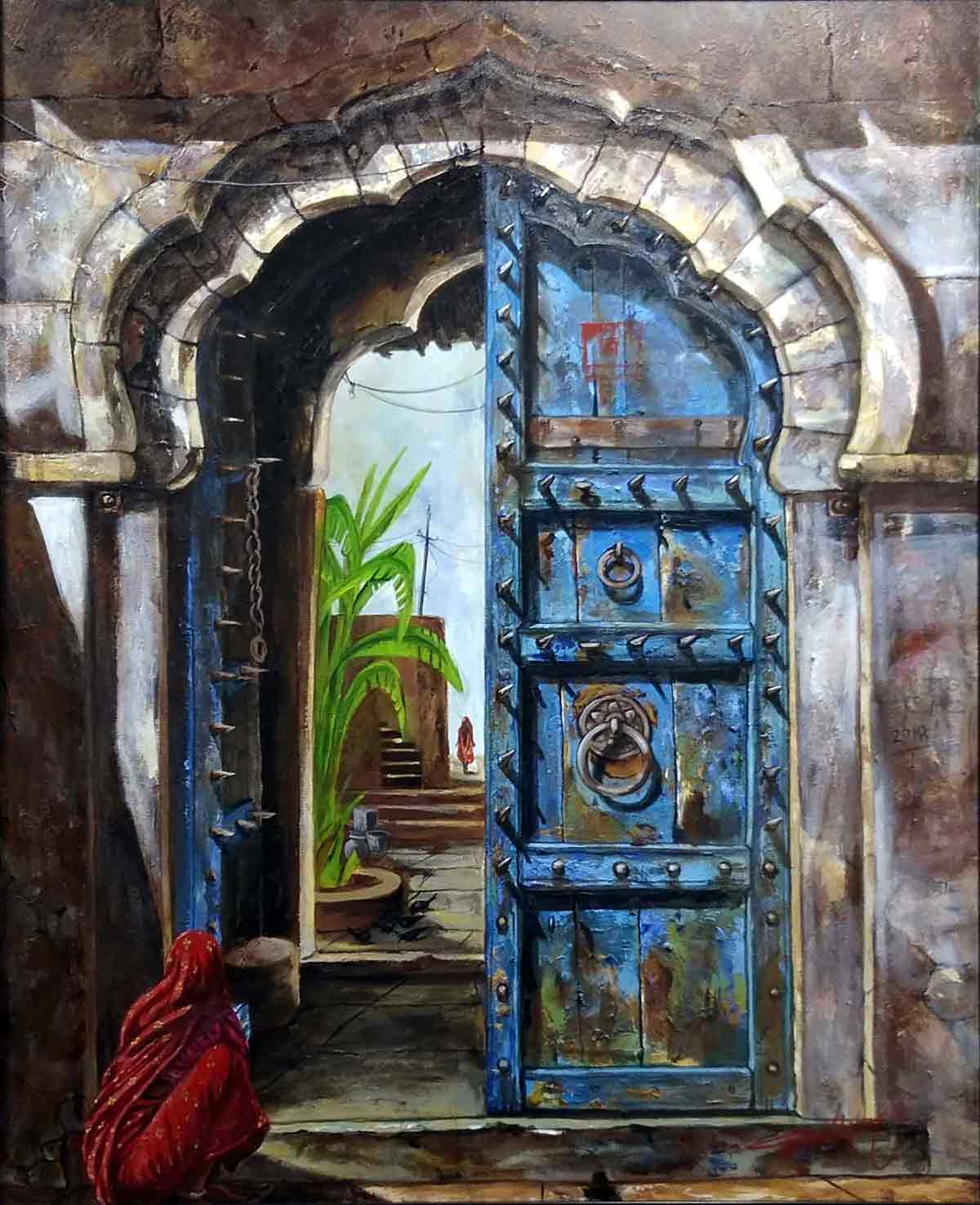 Realism Painting with Acrylic on Canvas "Blue Door" art by Ghanshyam Kashyap
