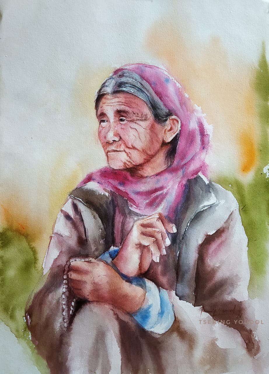 Portraiture Painting with Watercolor on Paper "Abi Palkit" art by Tsering Youdol