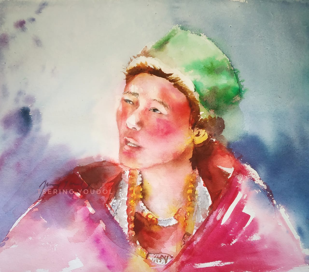 Figurative Painting with Watercolor on Paper "Spiti Woman" art by Tsering Youdol