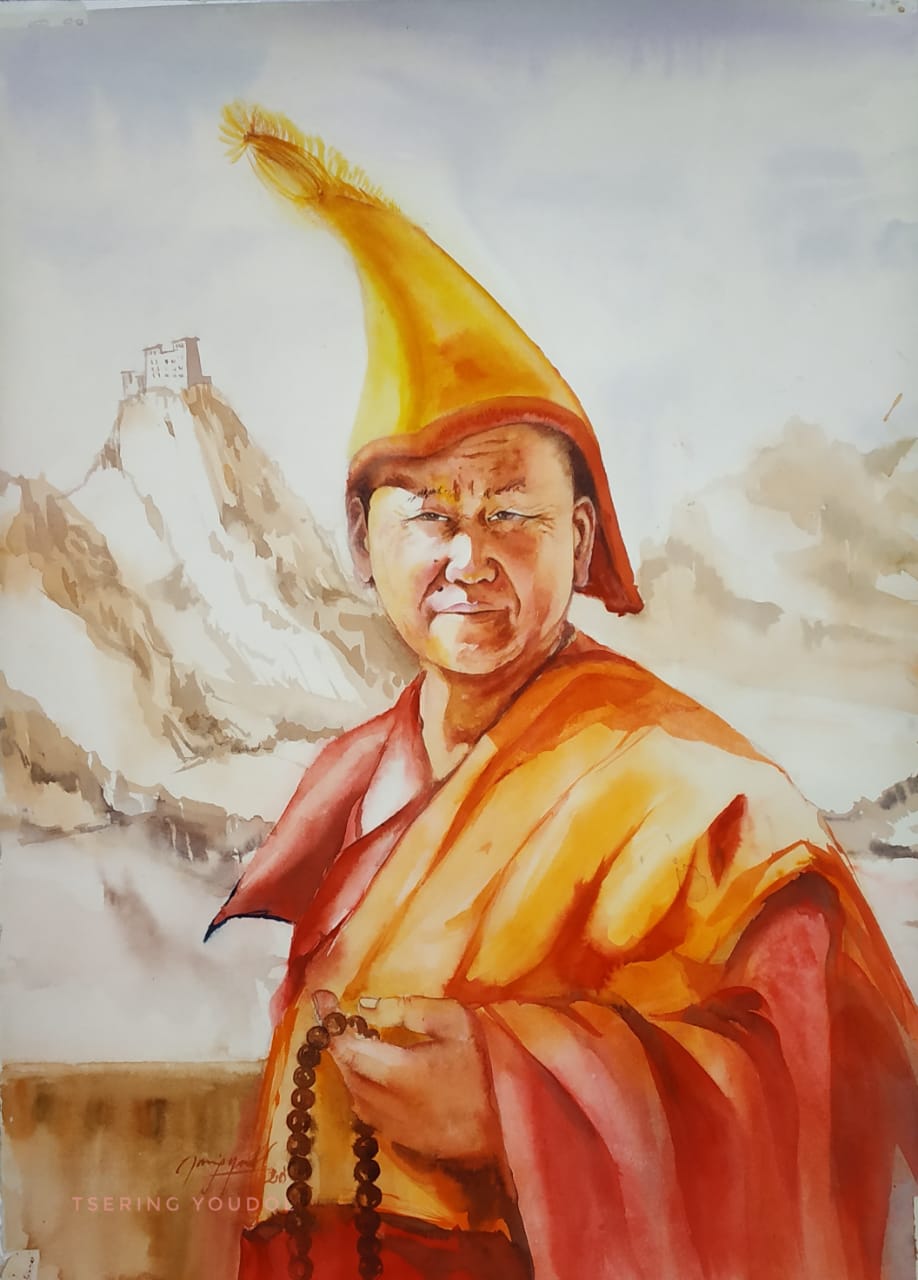 Figurative Painting with Watercolor on Paper "The Monk" art by Tsering Youdol