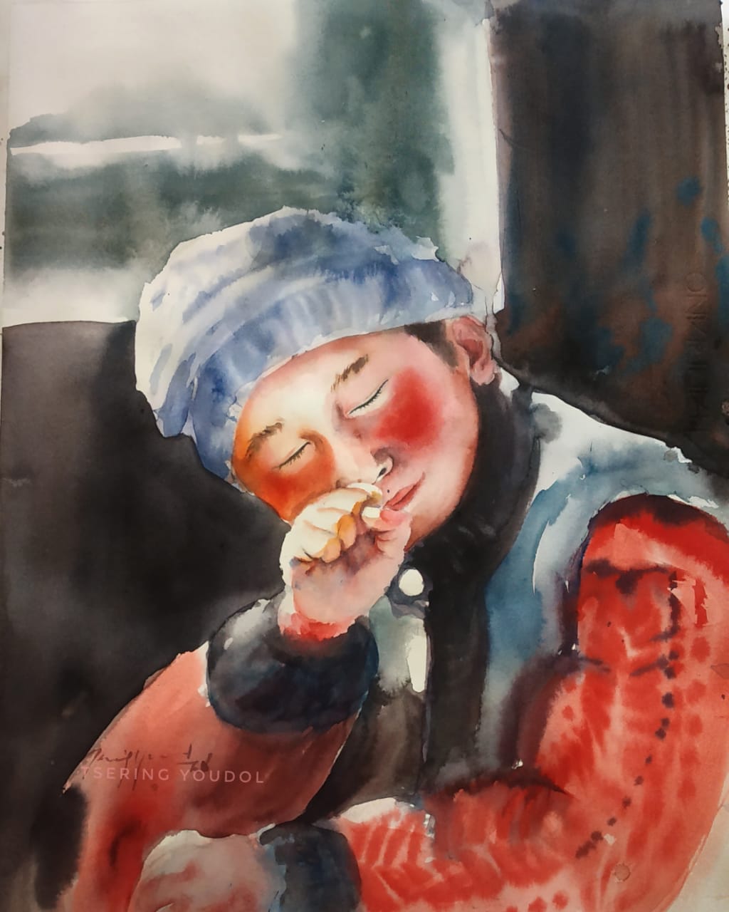 Figurative Painting with Watercolor on Paper "Infancy" art by Tsering Youdol