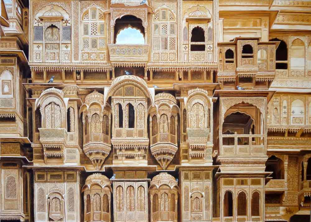 Realism Painting with Oil on Canvas "Rajasthani Haveli" art by Anita Raj