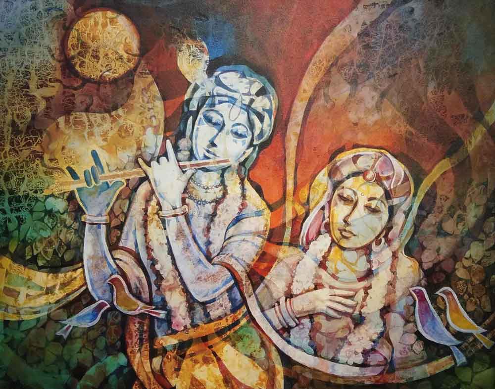 Figurative Painting with Acrylic on Canvas "Krishna Kali" art by Bhaskar Singha