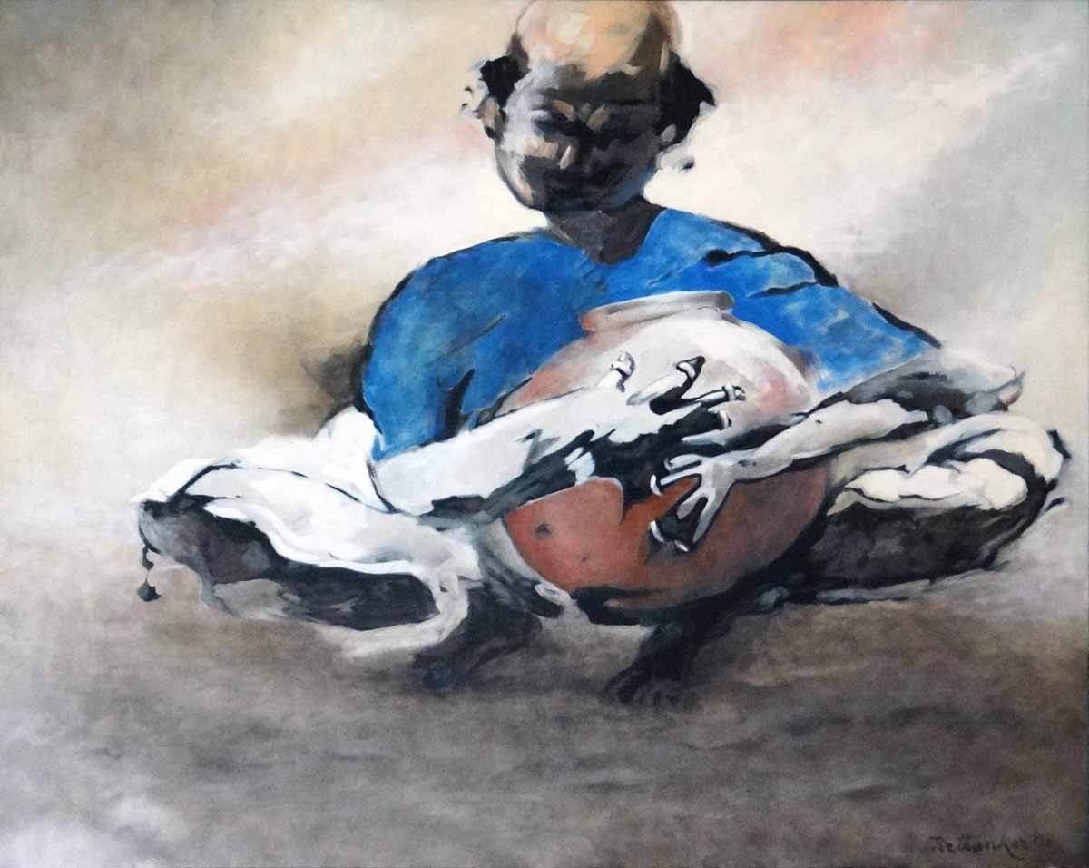 Semi Realistic Painting with Oil on Canvas "Musician with Ghatam" art by Tirthankar Biswas