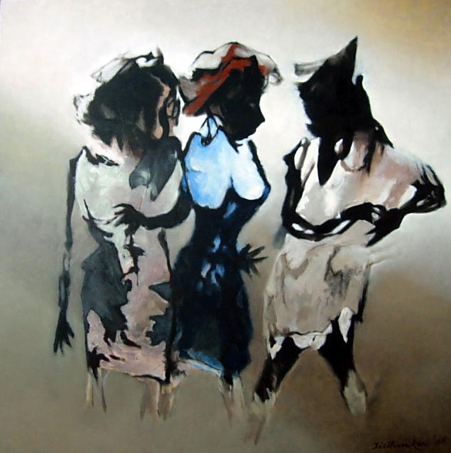 Figurative Painting with Oil on Canvas "Friends" art by Tirthankar Biswas