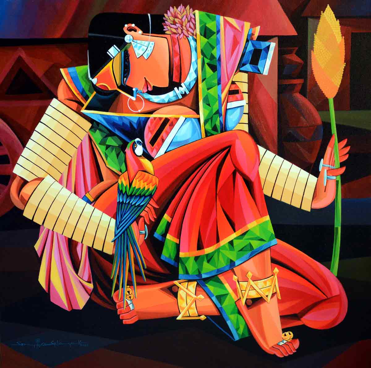 Figurative Painting with Acrylic on Canvas "Indian Woman - 6" art by Ramavath Srinivas