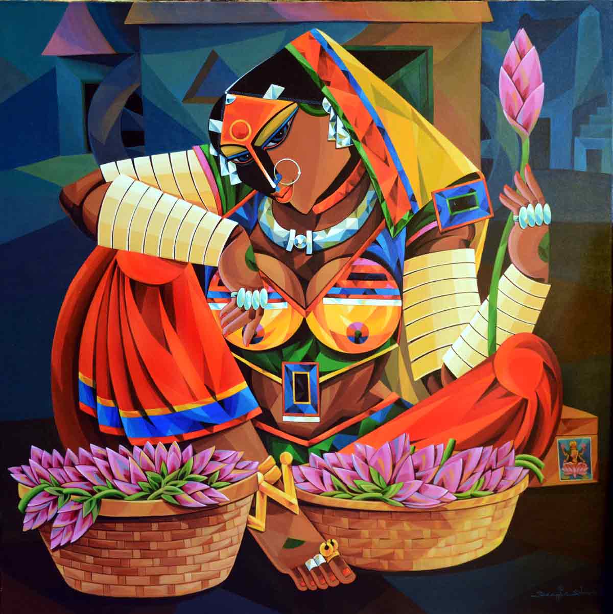 Figurative Painting with Acrylic on Canvas "Indian Woman - 9" art by Ramavath Srinivas