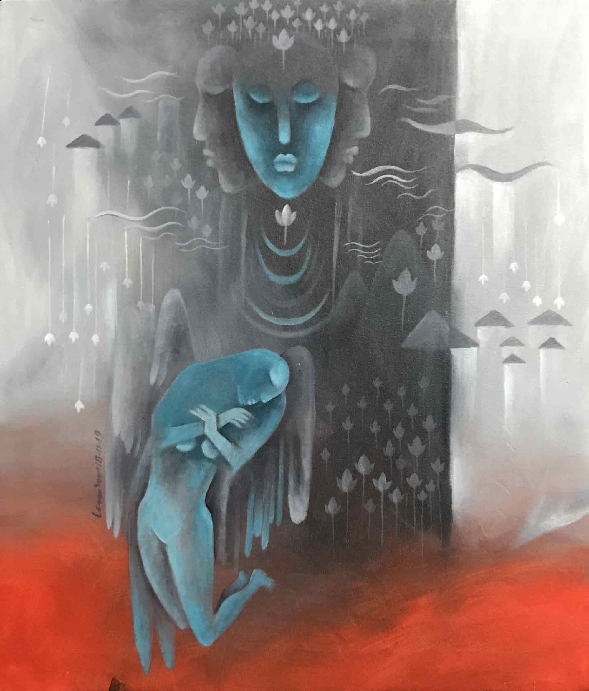 Surrealism Painting with Acrylic on Canvas "Confession" art by Anup Sarma
