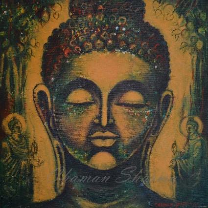 Figurative Painting with Acrylic on Canvas "Lord Buddha-I" art by Chaman Sharma