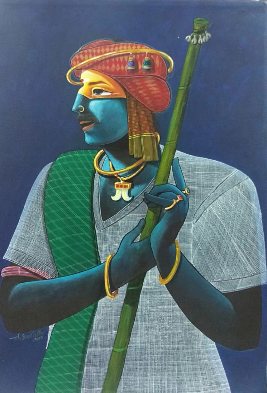 Figurative Painting with Acrylic on Canvas "Village Man -3" art by Chinnaa Sreepathi