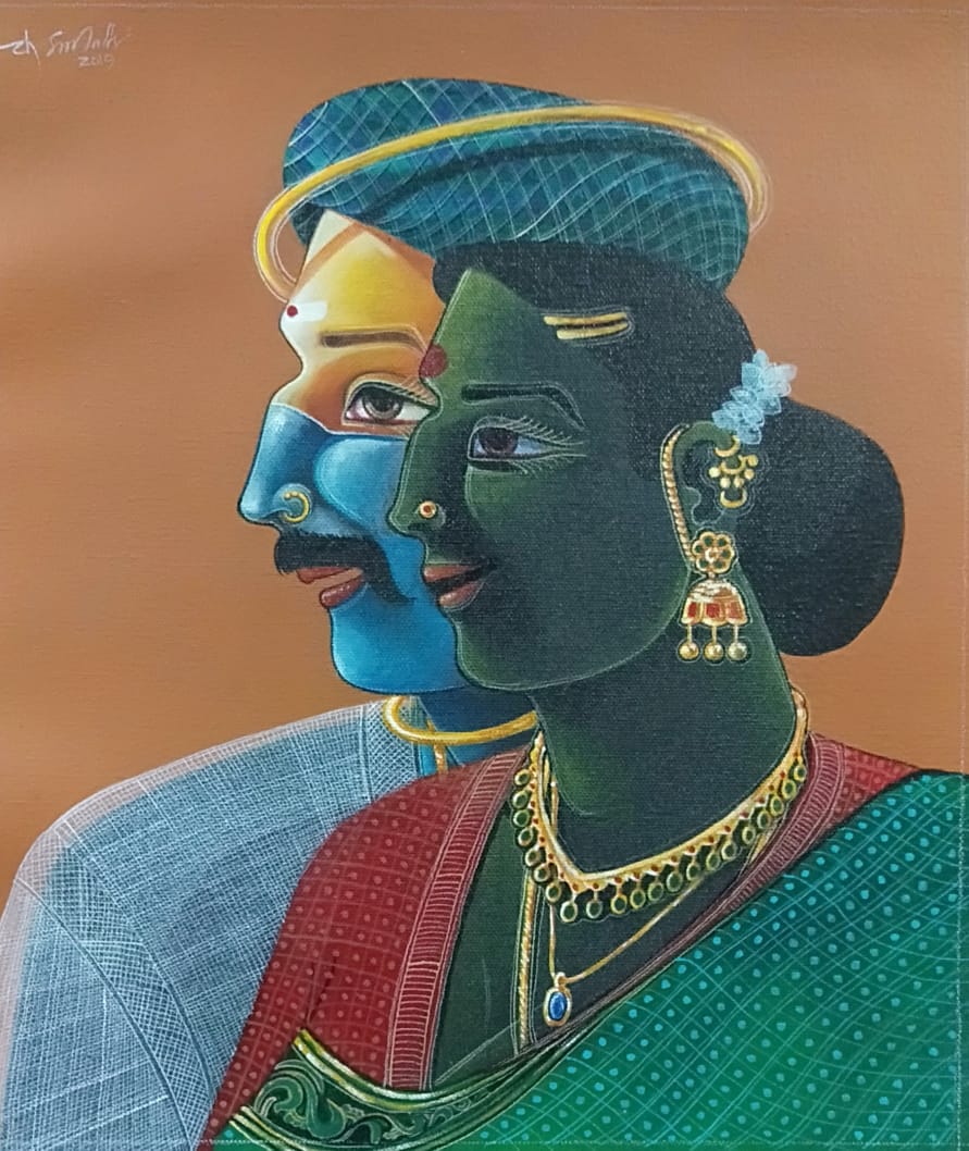 Figurative Painting with Acrylic on Canvas "Village couple" art by Chinnaa  Sreepathi