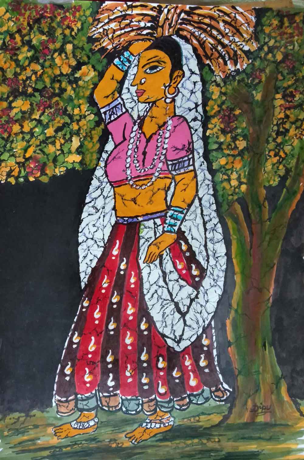 Folk Painting with Crylin colour on Paper "Woman" art by Deepak Bhattacharjee
