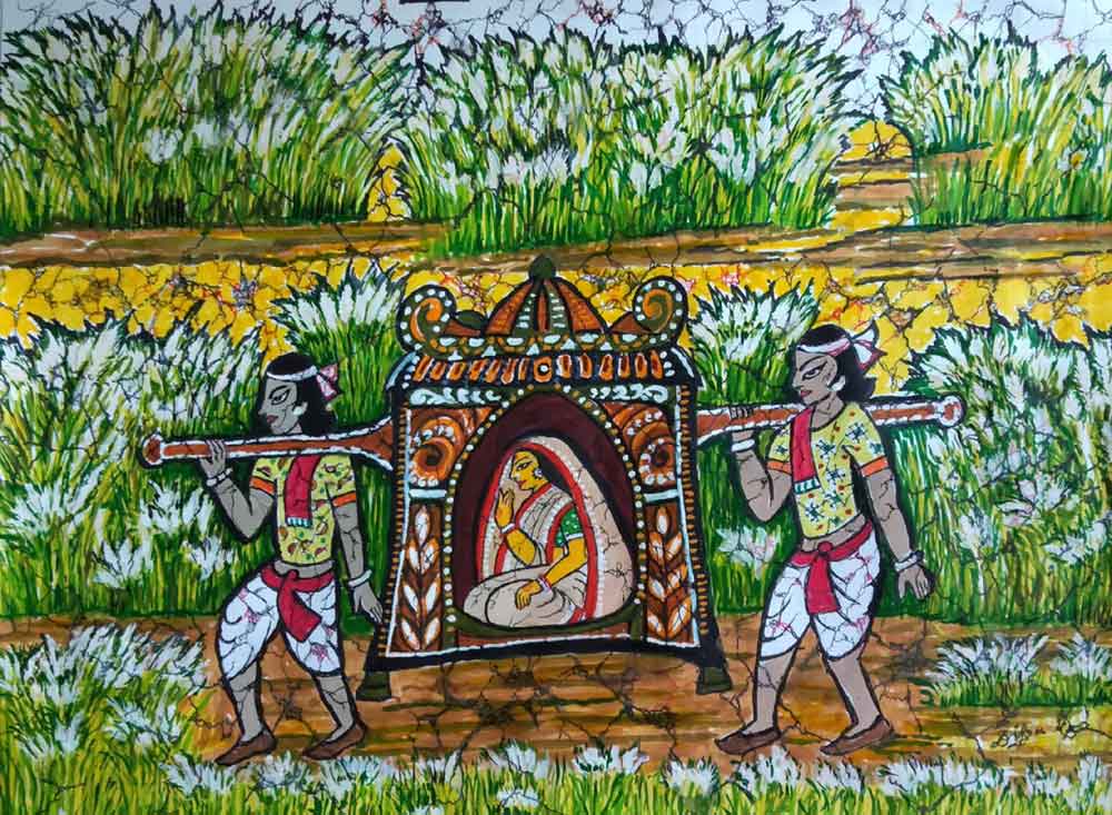 Figurative Painting with Crylin colour on Paper "Agomoni" art by Deepak Bhattacharjee