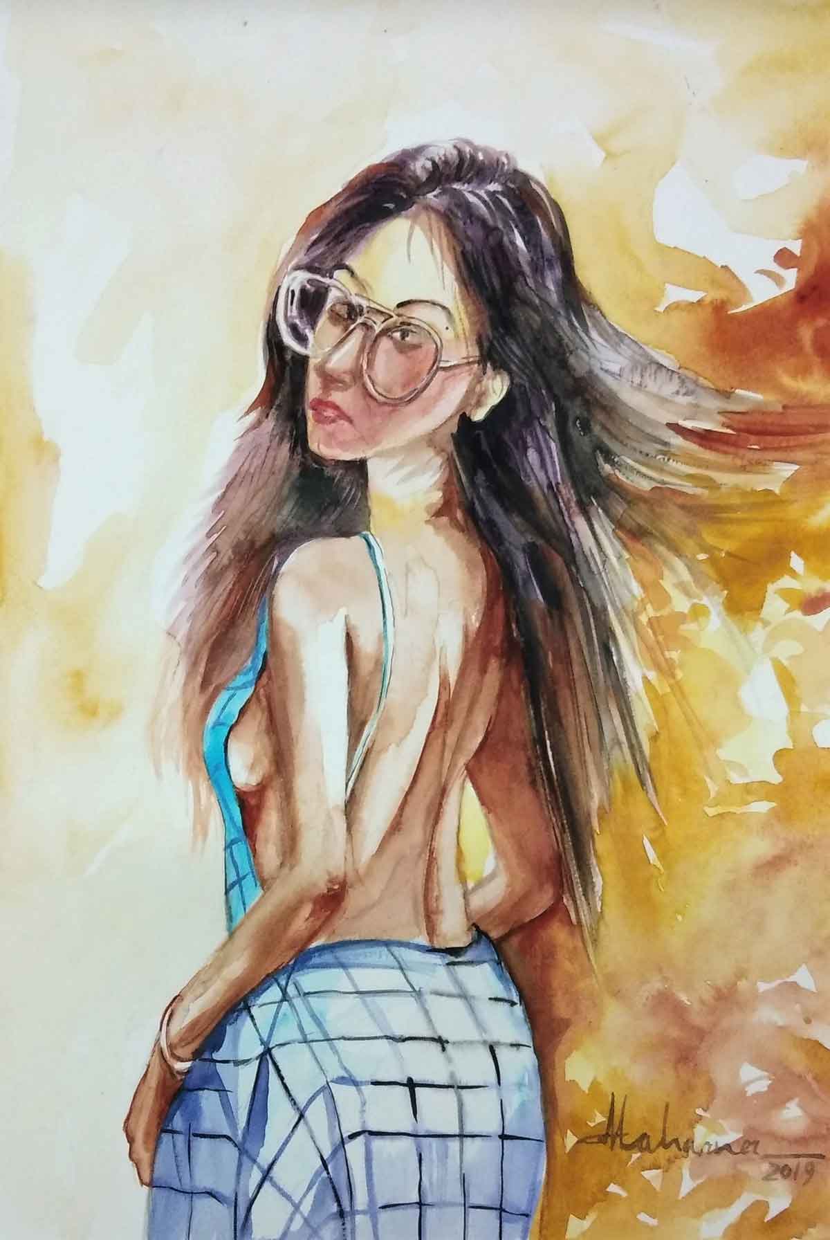 Semi Realistic Painting with Watercolor on Hand made paper "Model-4" art by Ganga Maharana