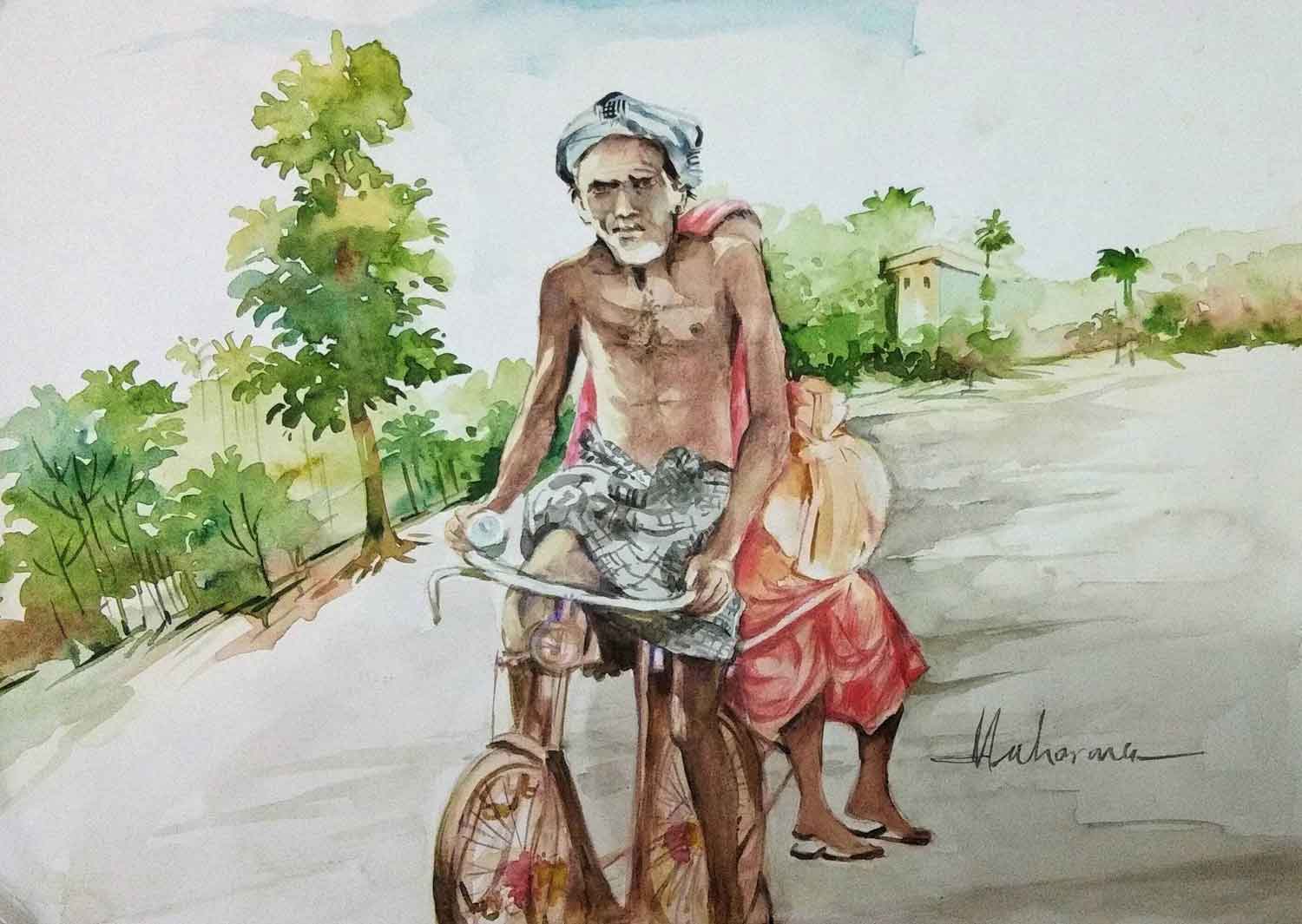 Semi Realistic Painting with Watercolor on Hand made paper "Untitled" art by Ganga Maharana