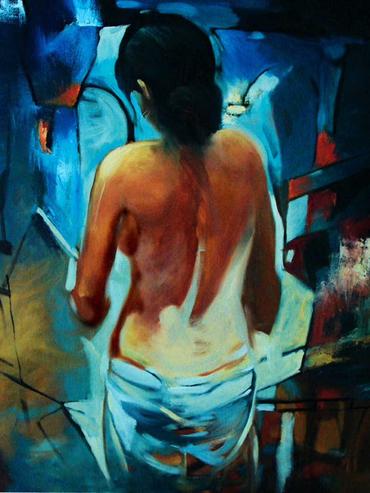 Figurative Painting with Oil on Canvas "Woman on Blue Light" art by Gautam Partho Roy