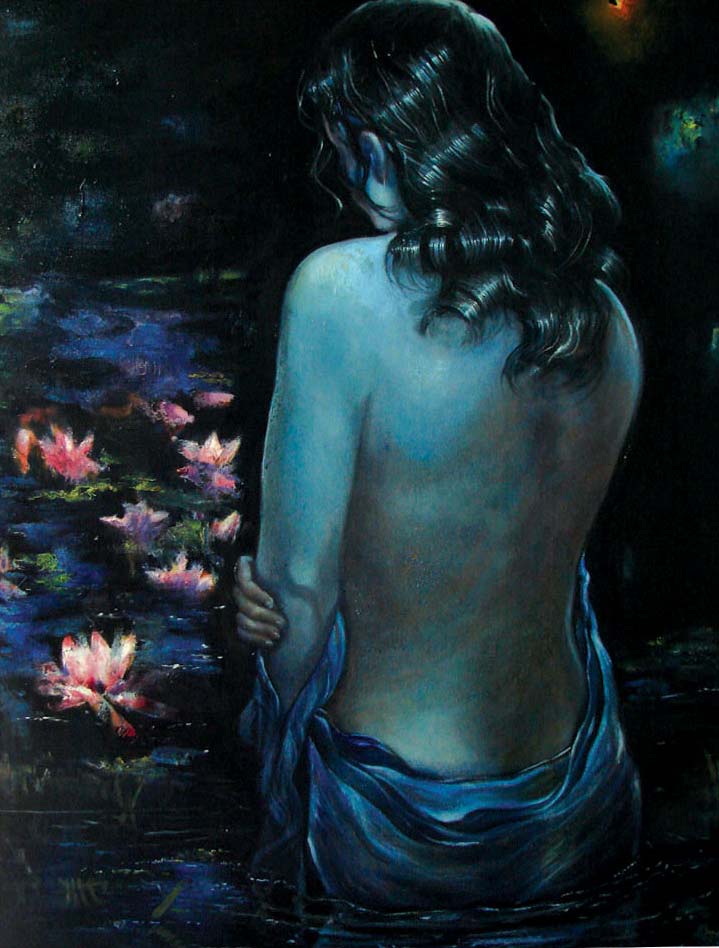 Realism Painting with Oil on Canvas "Blue Light on Lotus" art by Gautam Partho Roy