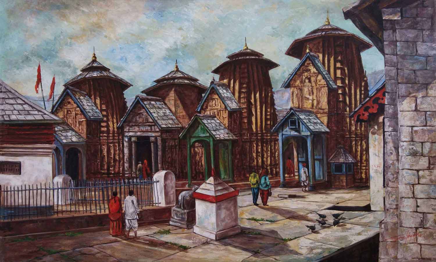 Realism Painting with Acrylic on Canvas "Laxmi Narayan Temple - Himachal Pradesh" art by Ghanshyam Kashyap