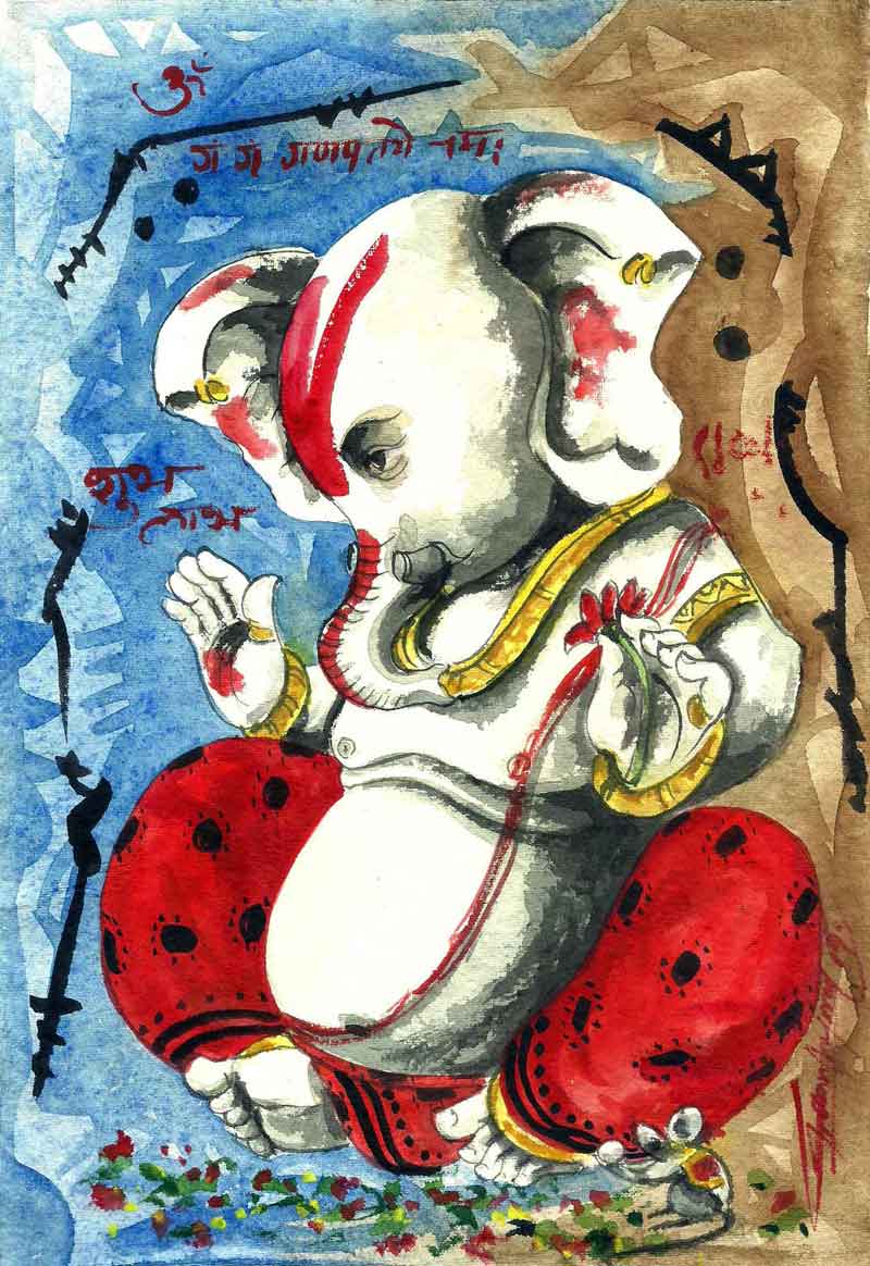 Figurative Painting with Watercolor on Paper "Ganesha" art by Ghanshyam Kashyap
