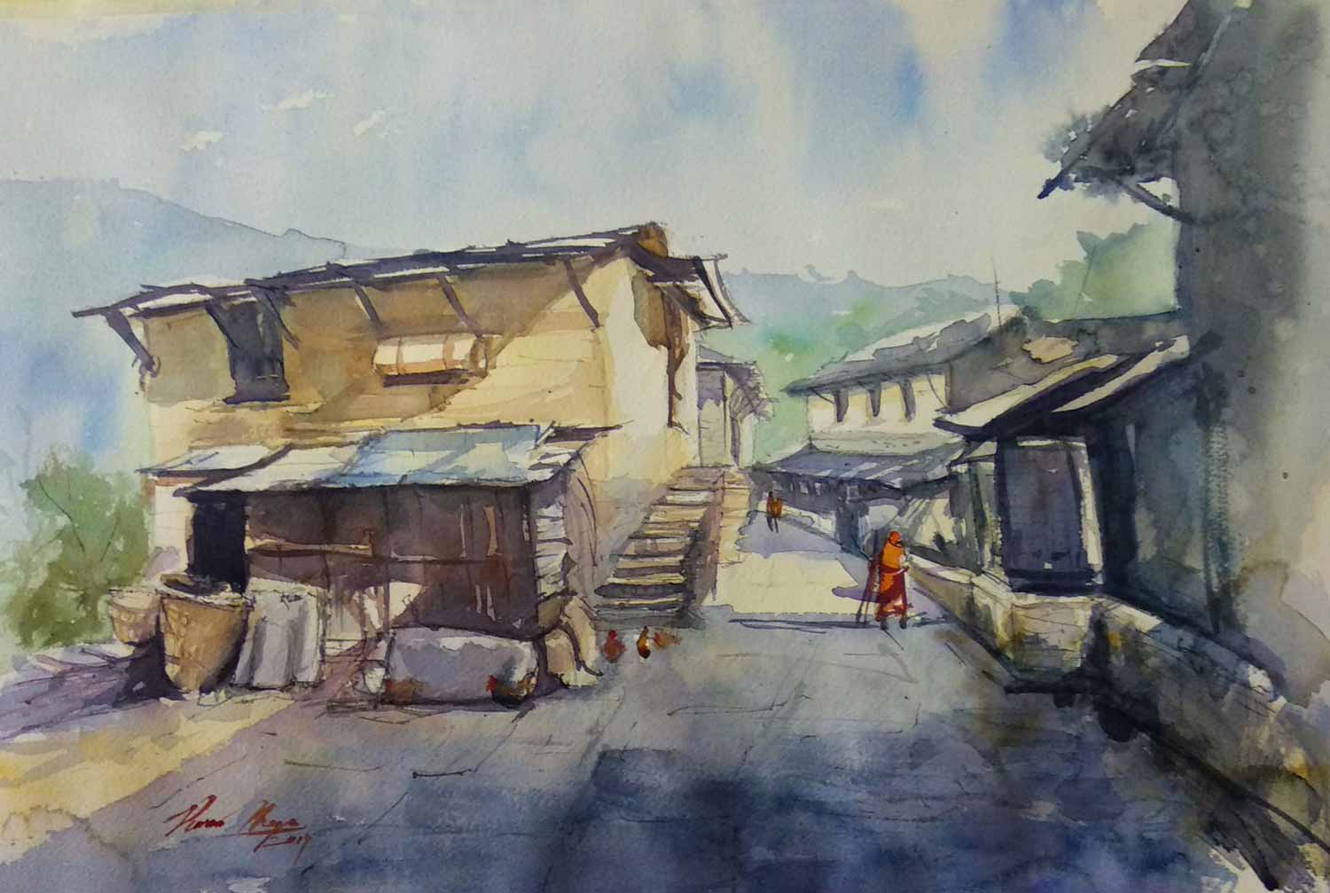 Semi Realistic Painting with Watercolor on Paper "Lamjung Village Nepal" art by Puran Thapa