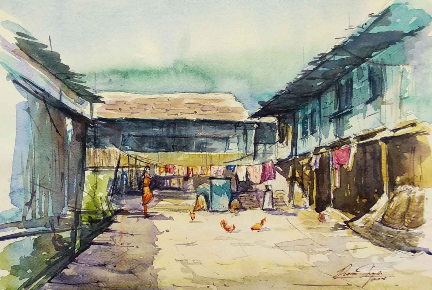 Semi Realistic Painting with Watercolor on Paper "Village Naggar" art by Puran Thapa