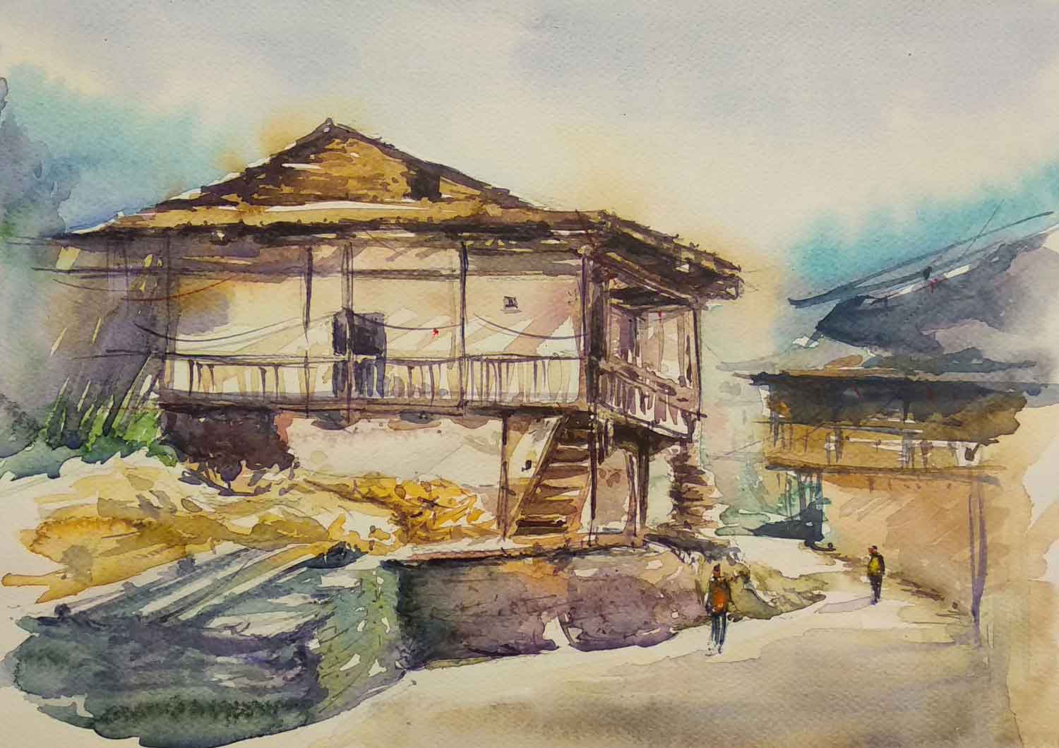 Realism Painting with Watercolor on Paper "Village In Kullu" art by Puran Thapa