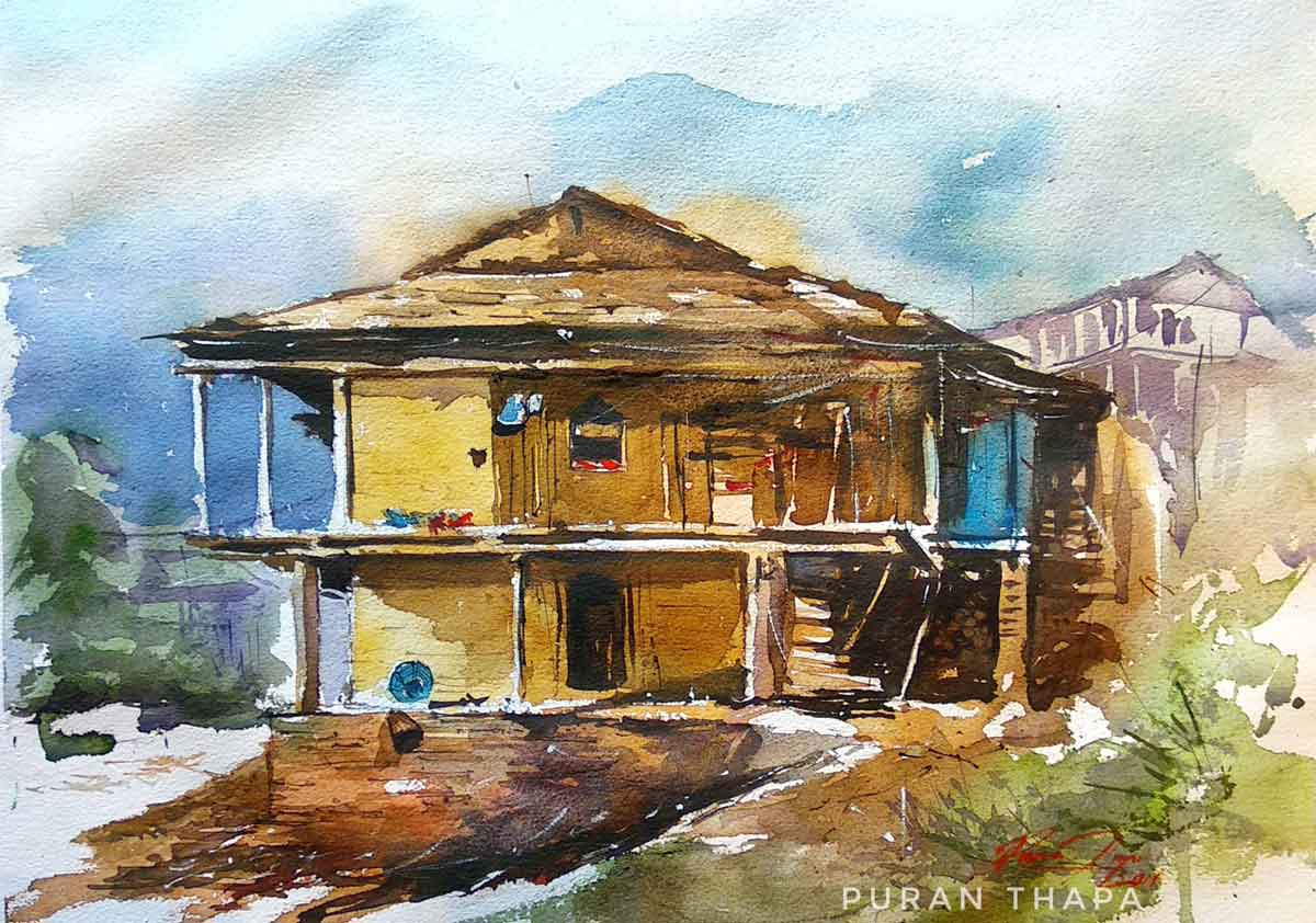 Semi Realistic Painting with Watercolor on Paper "Traditional Himachali House" art by Puran Thapa