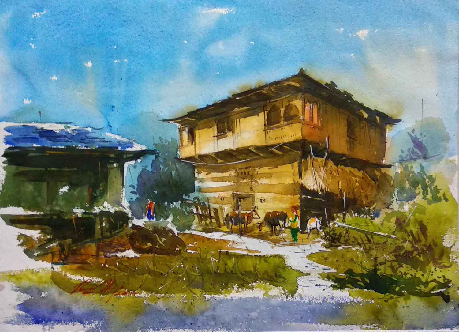 Semi Realistic Painting with Watercolor on Paper "Traditional Himachali House, Manali" art by Puran Thapa