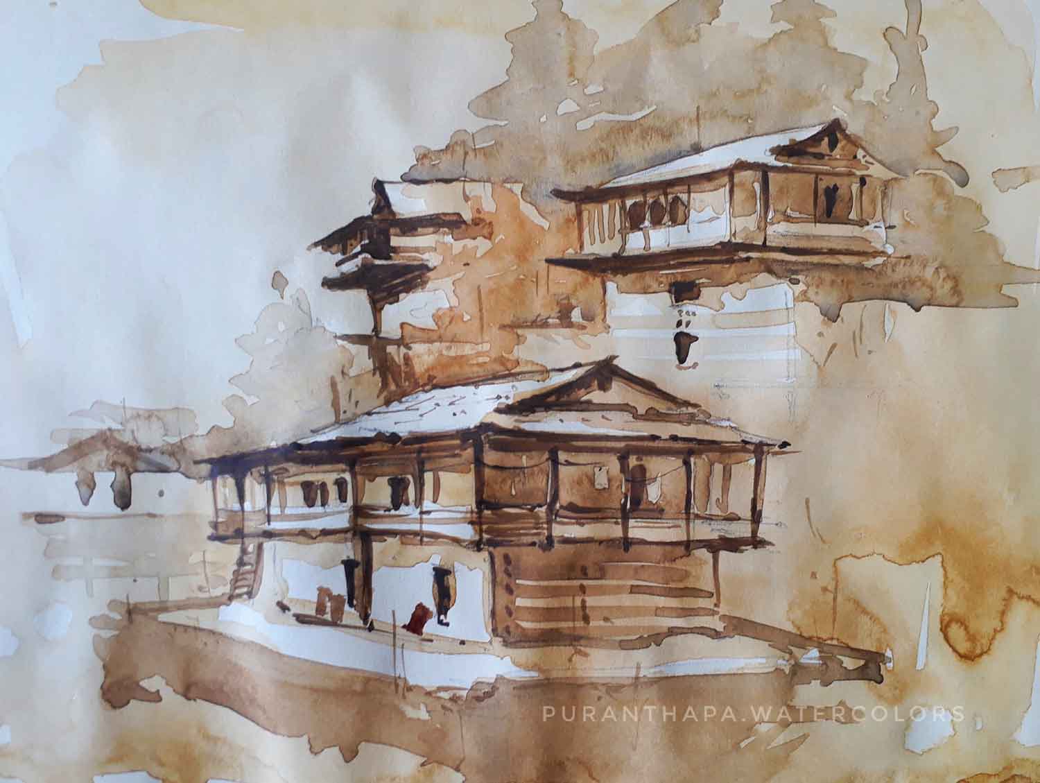 Semi Realistic Painting with Watercolor on Paper "Himachal House - 7" art by Puran Thapa