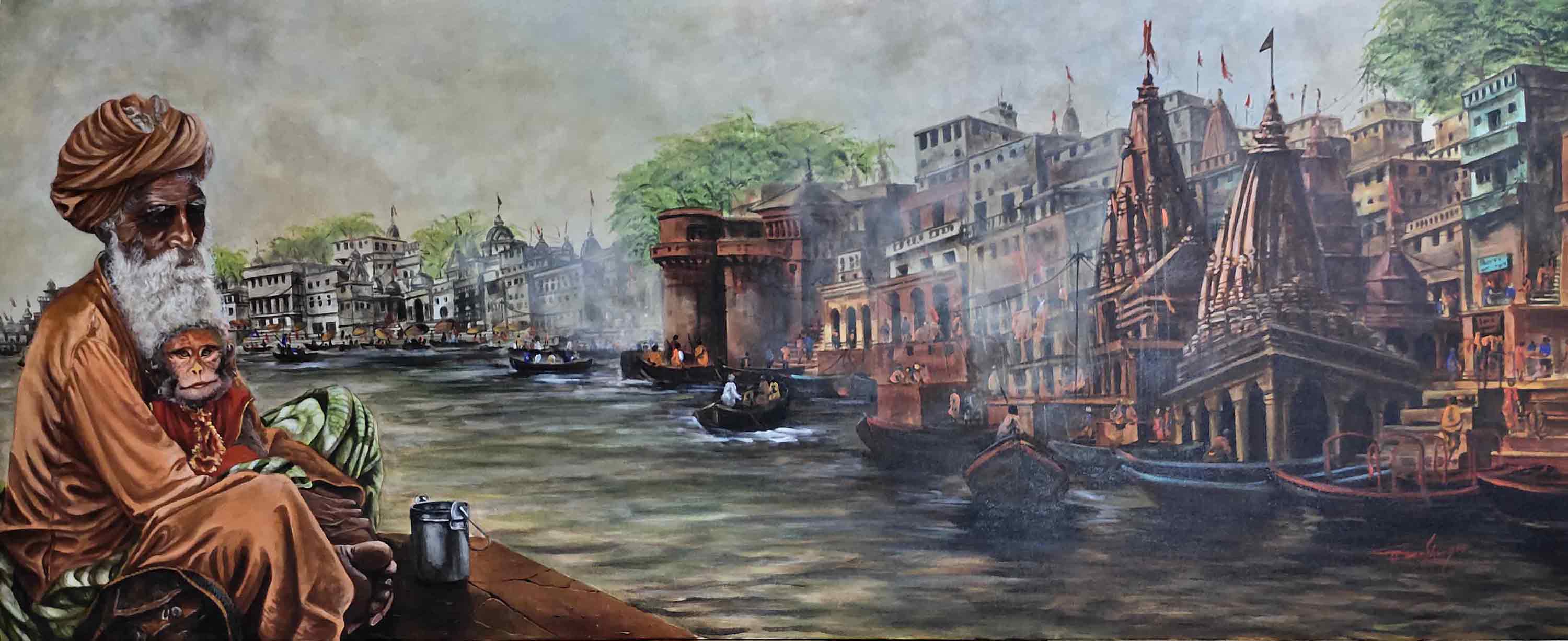 Realism Painting with Acrylic on Paper "Varanasi Ghat and Sadhu" art by Ghanshyam Kashyap