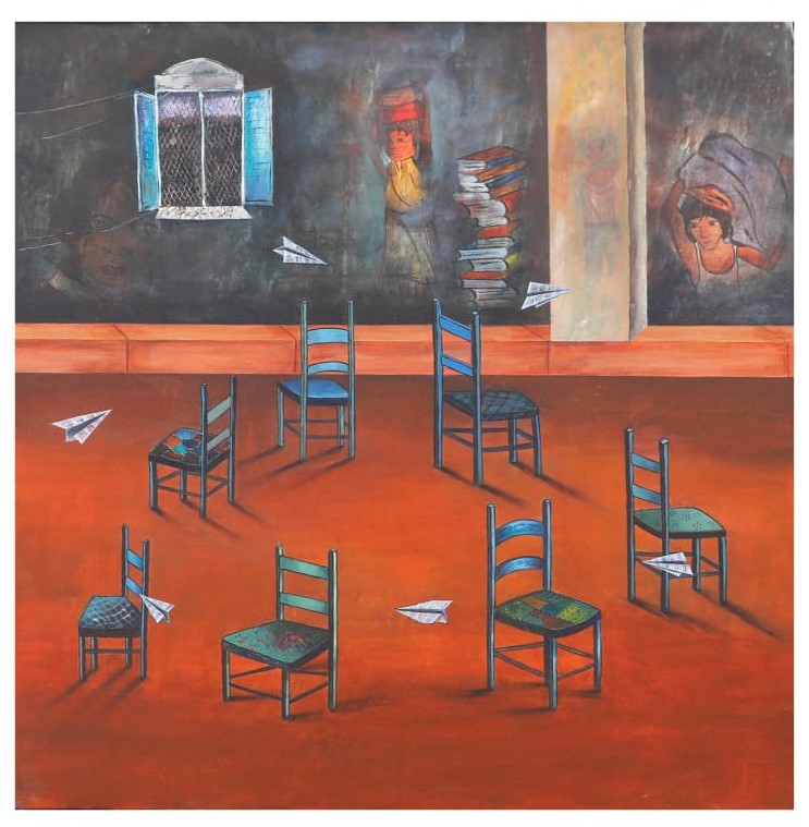 Contemporary Painting with Acrylic on Canvas "Musical Chair" art by Isha Bawiskar