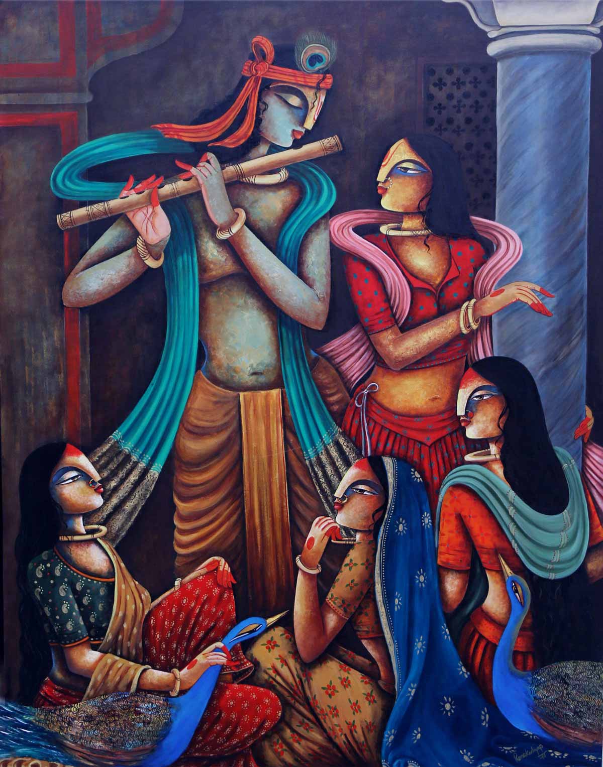Figurative Painting with Acrylic on Canvas "magic of flute 2" art by Renu Kashyap