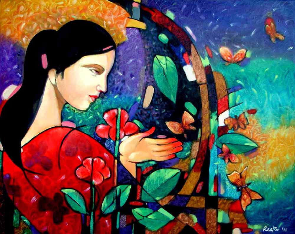 Contemporary Painting with Oil on Canvas "Fragrance of Love" art by Rita Roy