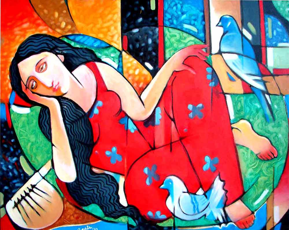 Contemporary Painting with Oil on Canvas "Sleeping Agony" art by Rita Roy